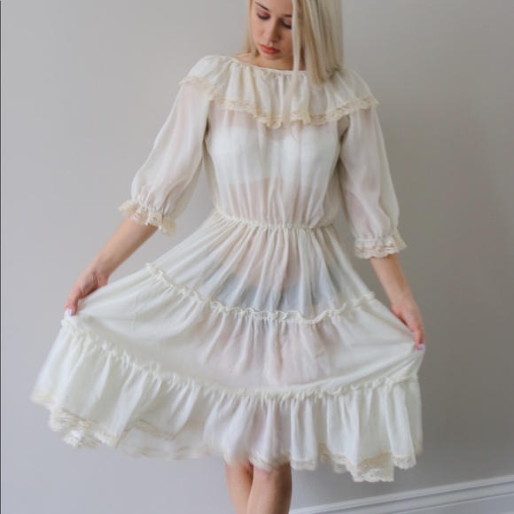 70’s Sheer Cream Romantic Prairie Dress - Picture 2 of 6